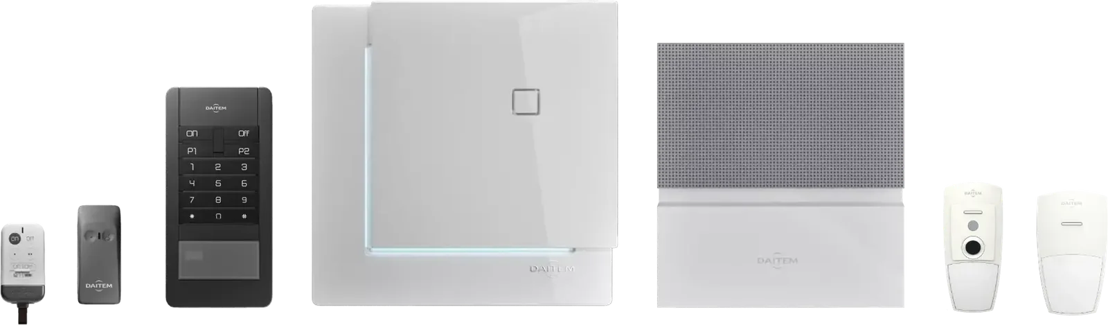 La gamme Daitem e-Sens : télécommandes, clavier, centrale, sirène et détecteurs